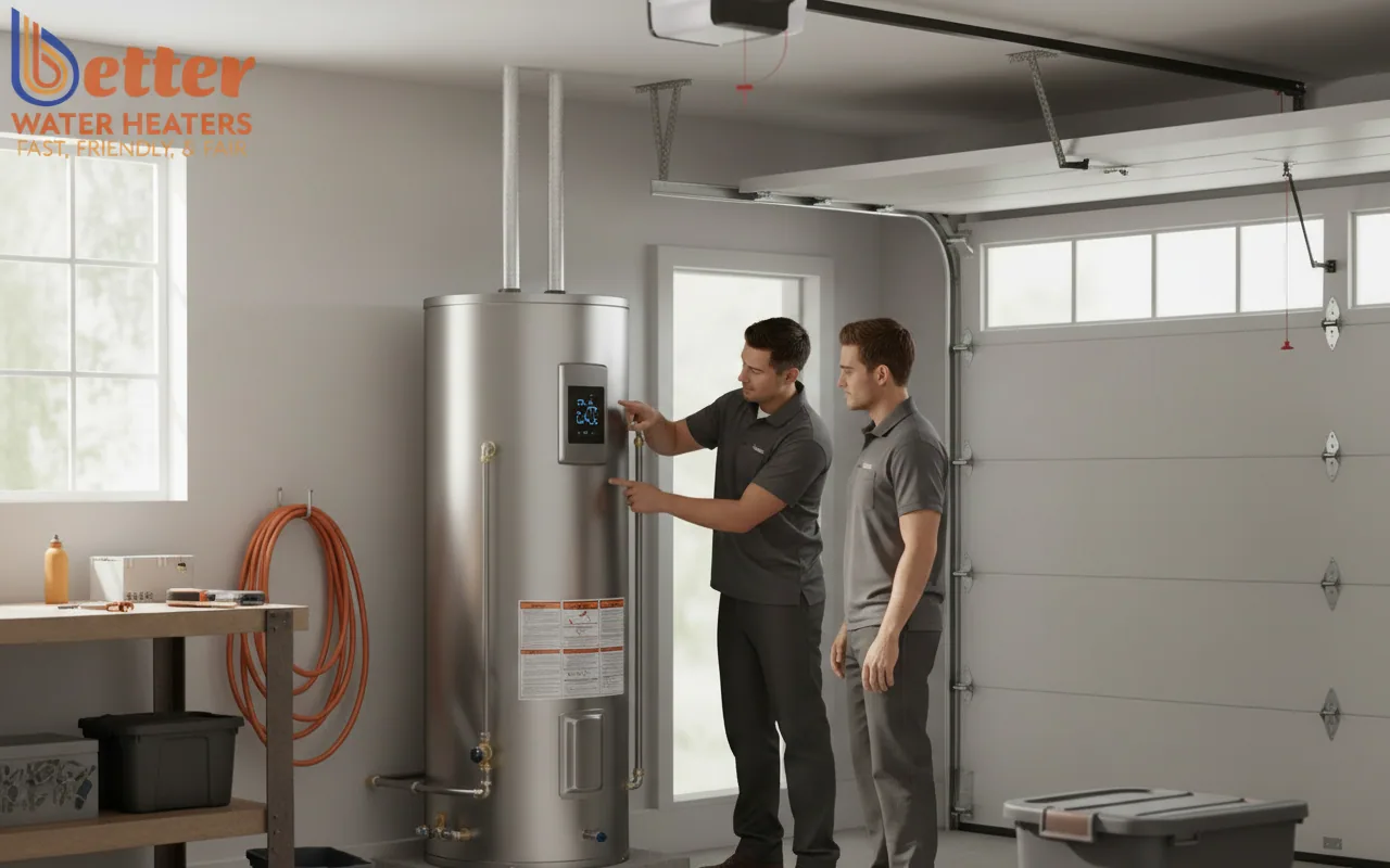 Modern heat pump recovery rate installation in a Bay Area home showing the storage tank and compressor unit.