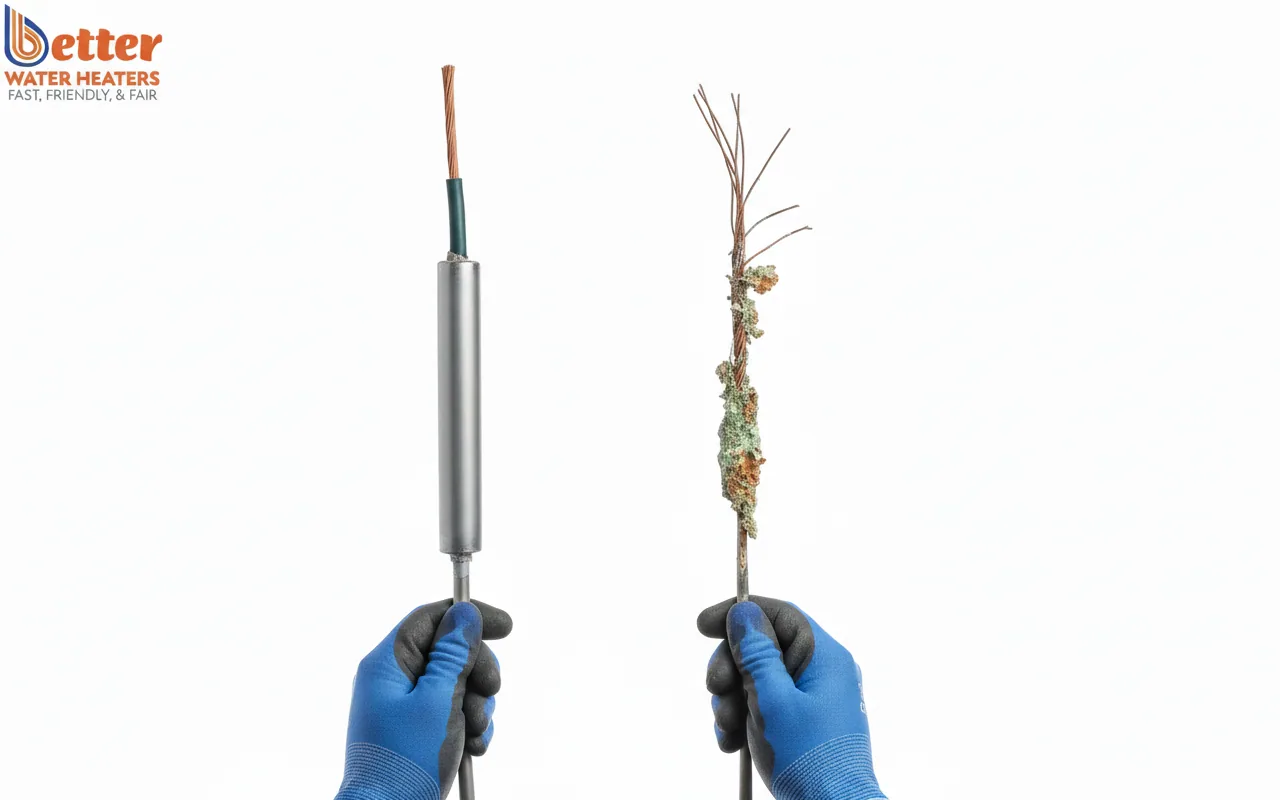 Comparison of new and depleted rod for water heater anode rod replacement