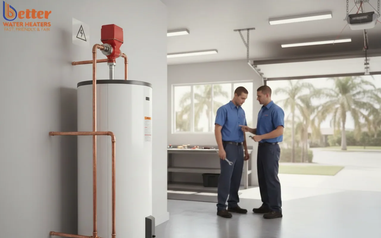 A hot water recirculation loop pump installed on a modern hybrid heat pump water heater showing potential warranty risks.