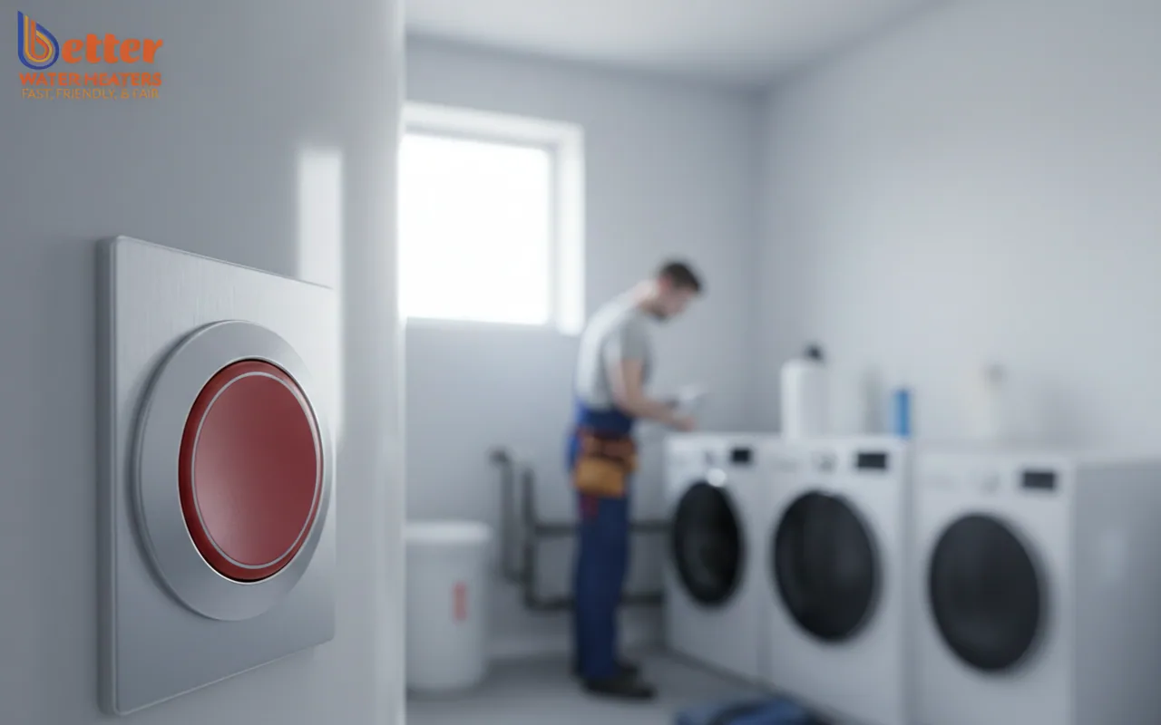 Close-up of a red water heater reset button on an electric tank