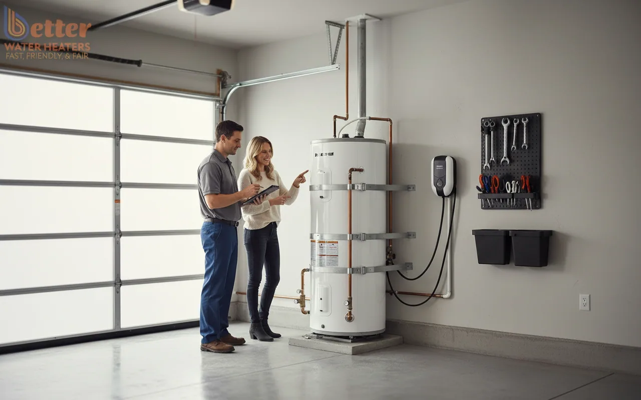Modern heat pump water heater installation complying with 2027 gas water heater ban