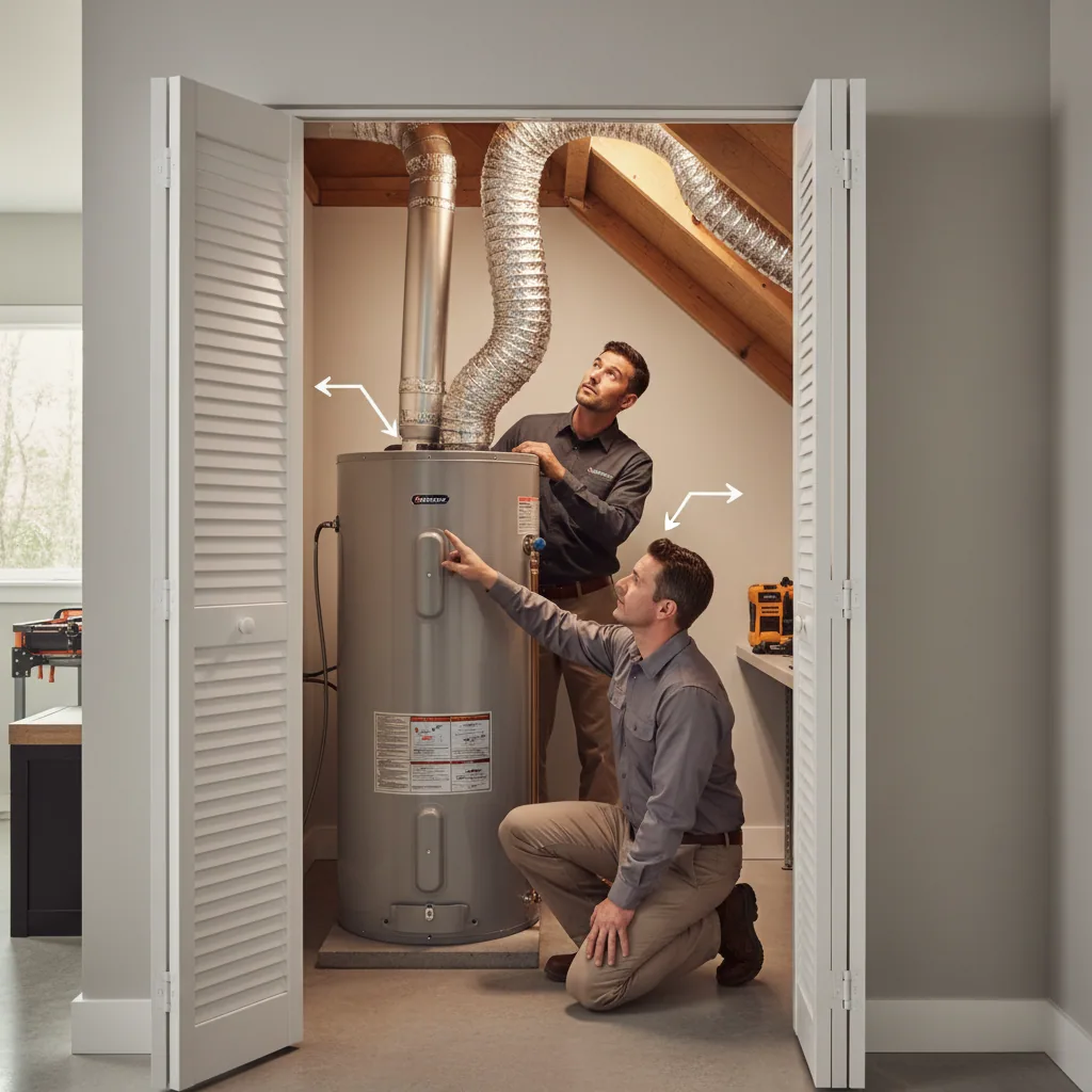 Diagram of interior water heater noise reduction and airflow solutions