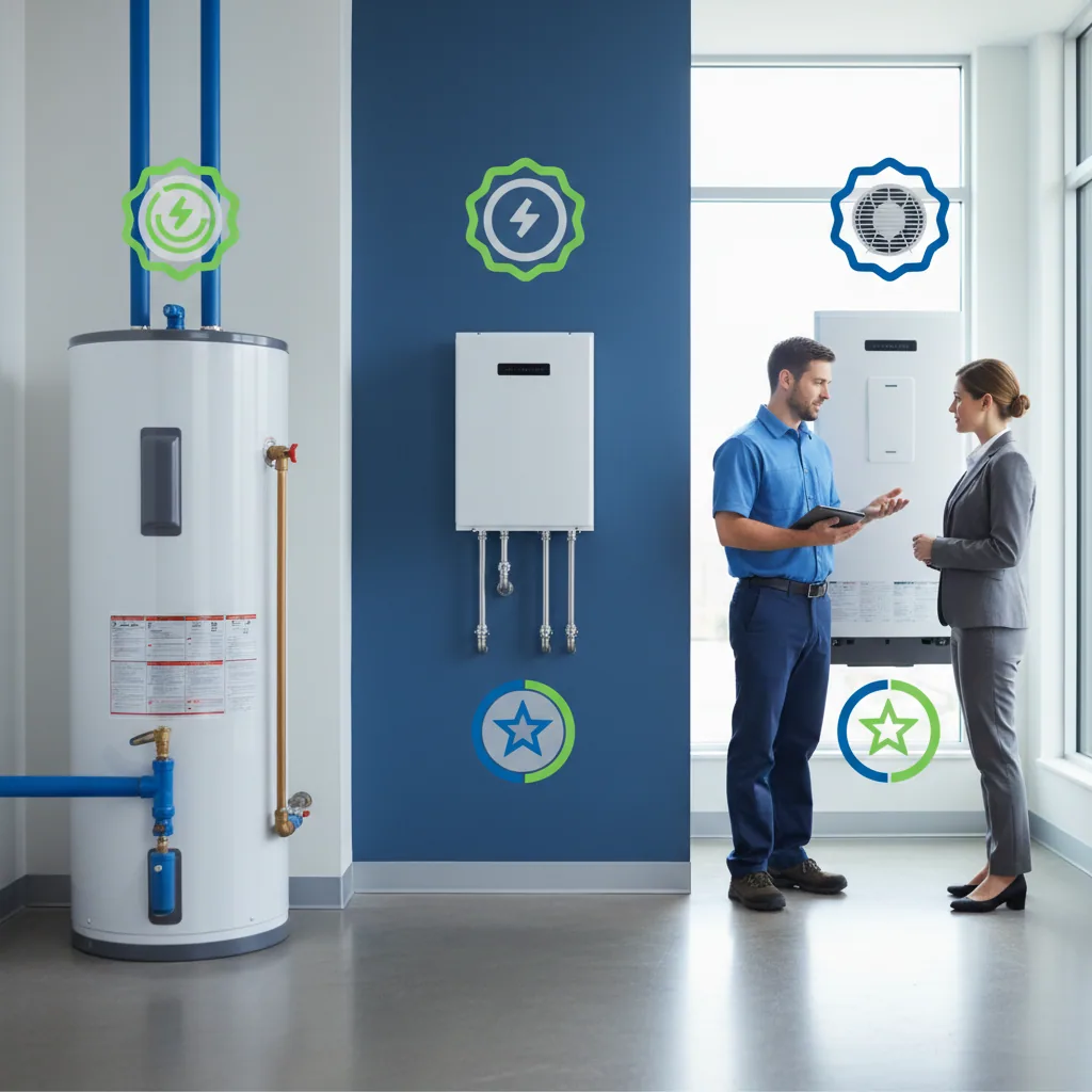 Comparison of different water heater types including heat pumps and tankless units