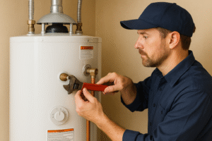 Professional plumber adjusting a residential water heater with a wrench during fall maintenance in the Bay Area.