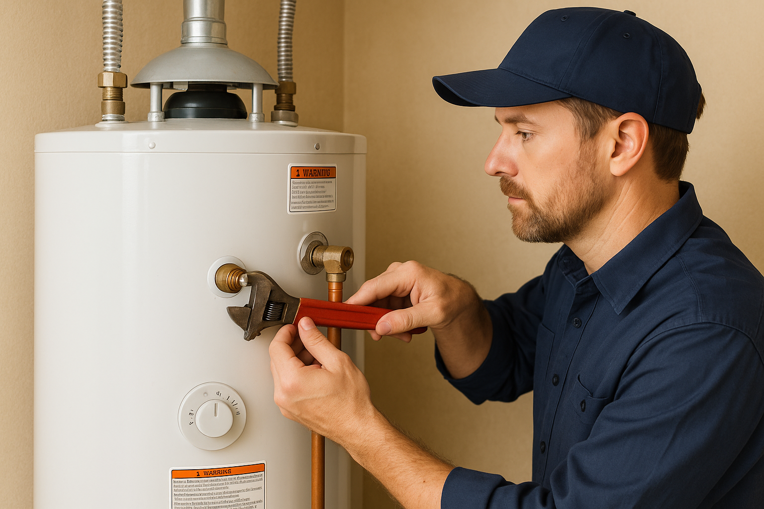 Professional plumber adjusting a residential water heater with a wrench during fall maintenance in the Bay Area.