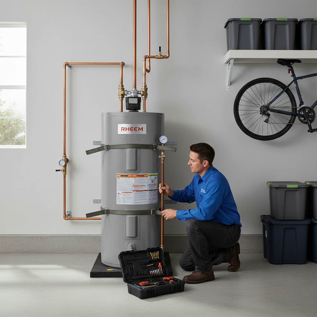 A professional installation of a heat pump water heater helping a homeowner prepare for the 2027 gas phase-out.