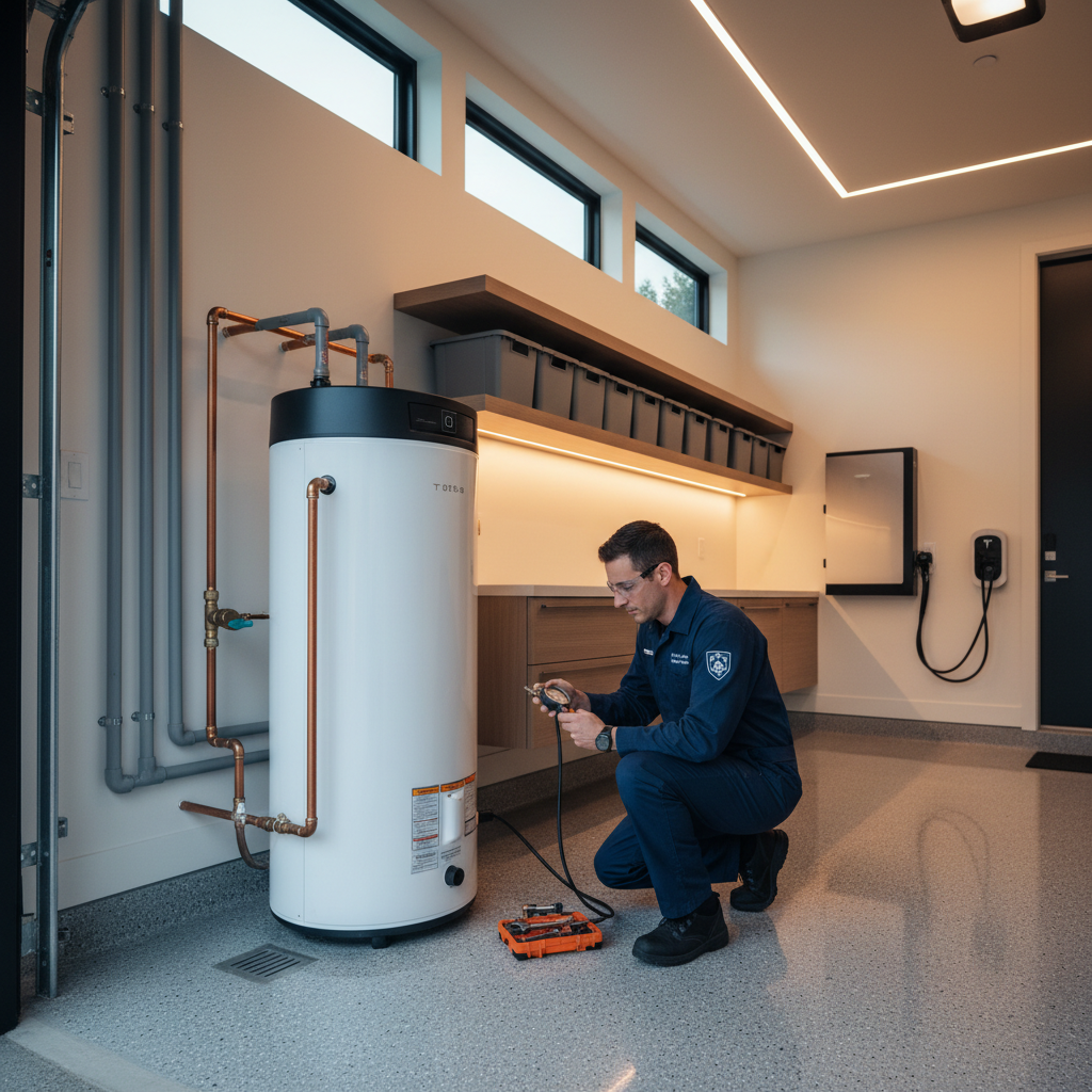 Modern heat pump water heater installation in a Bay Area home ahead of the 2027 gas water heater ban