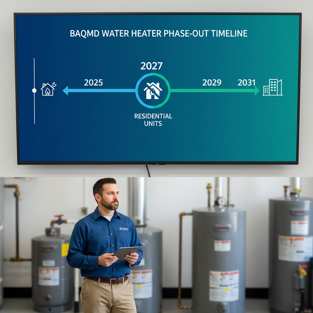 Infographic showing the BAAQMD regulations timeline for gas water heater phase-out