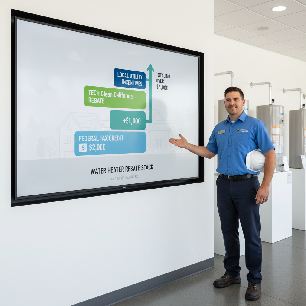 Infographic showing heat pump water heater rebates Bay Area for 2025 and 2026