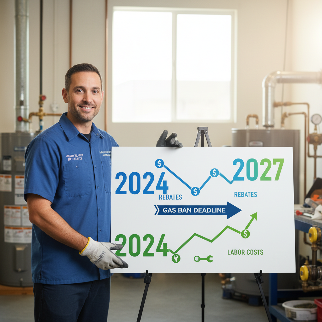Infographic timeline of the 2027 gas water heater ban and rebate availability