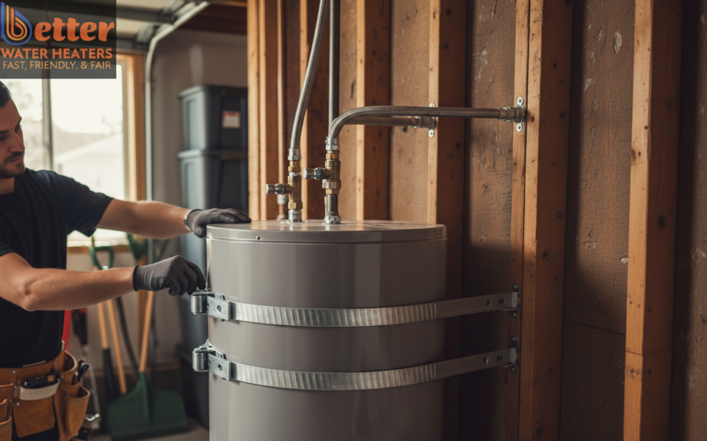 Professional earthquake strapping water heater installation in a California home