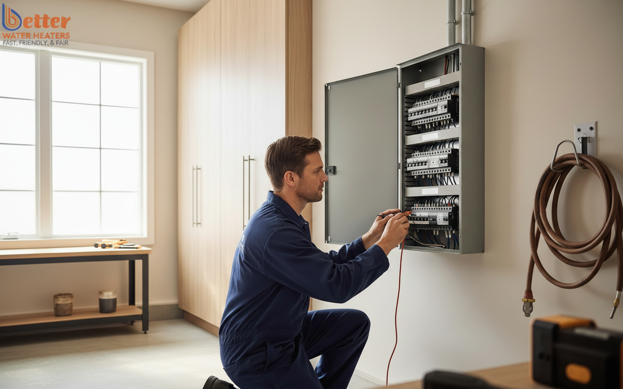 Electrician checking electrical panel capacity for heat pump installation in a Bay Area home
