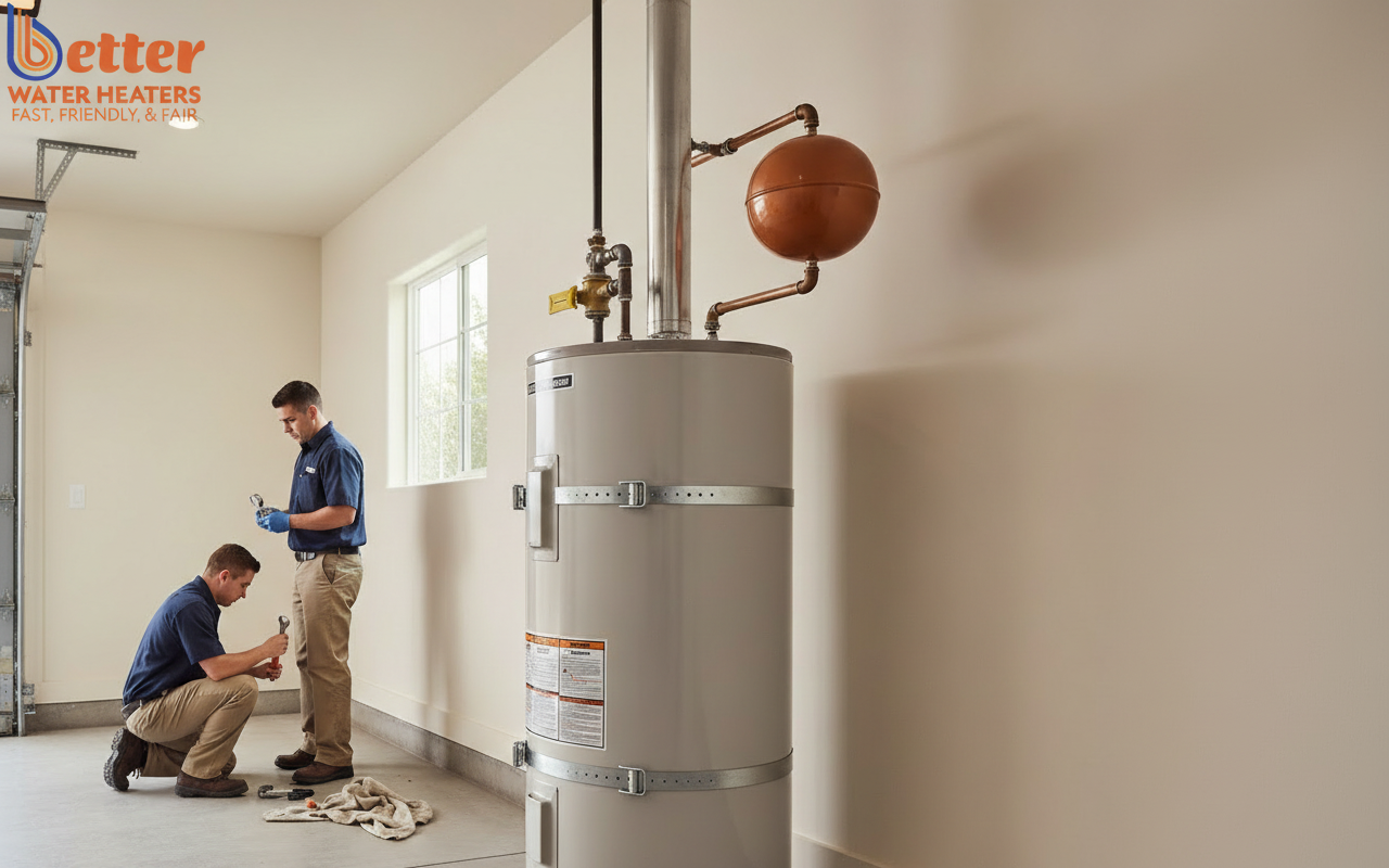 Professional garage water heater installation featuring seismic strapping and expansion tank in a Bay Area home