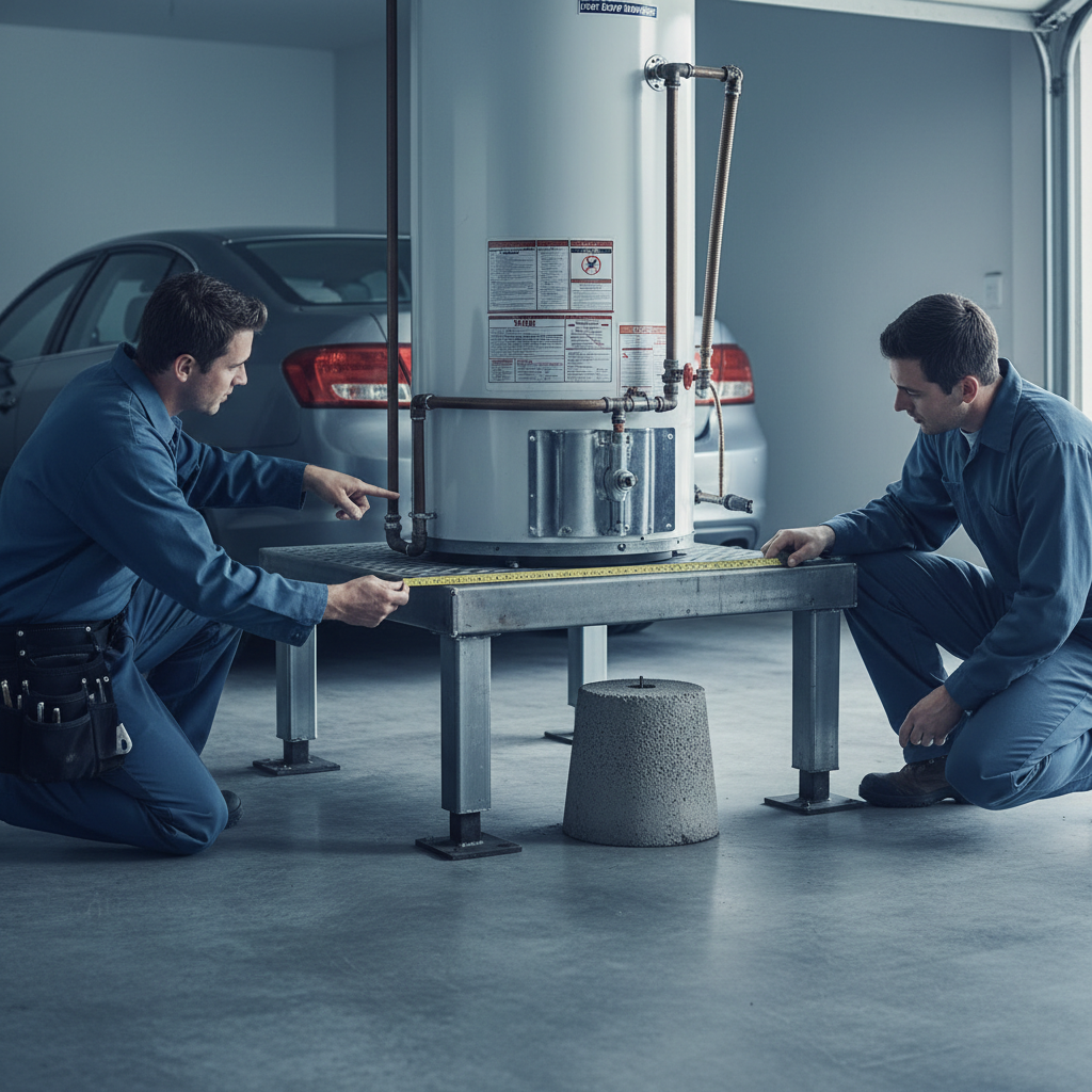 Bay Area Water Heater Code Diagram Infographic showing California garage water heater code requirements including 18-inch elevation and bollard placement