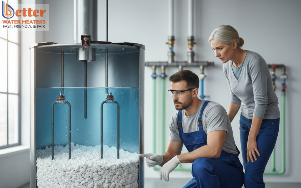Cross-section of a water heater showing the effects of hard water vs. your Bay Area pipes mineral buildup