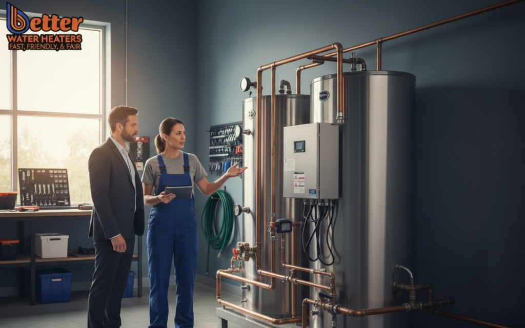 Professional multi-unit water heater replacement being inspected by a landlord and plumber in the Bay Area