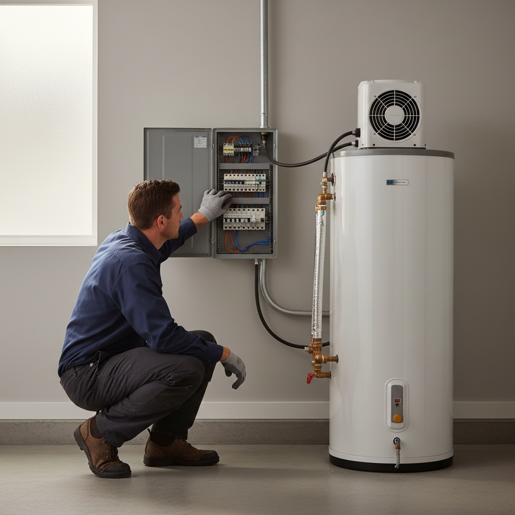 Plumber checking electrical panel for 120V heat pump water heater installation