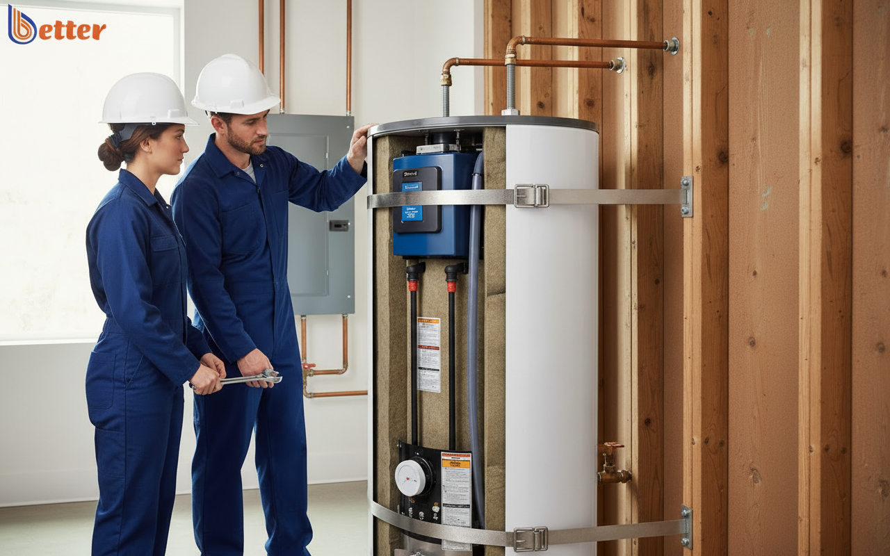 Diagram of a properly installed earthquake strap water heater with top and bottom bracing