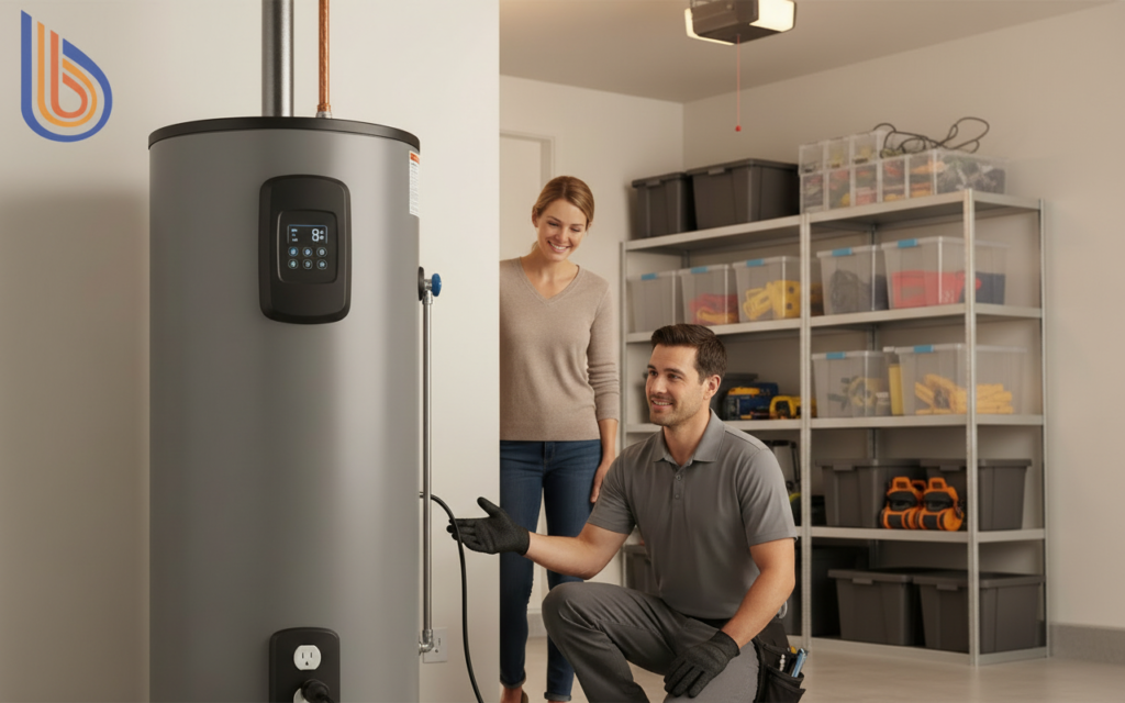A modern 120V heat pump water heater installed in a home where the electric panel maxed out.