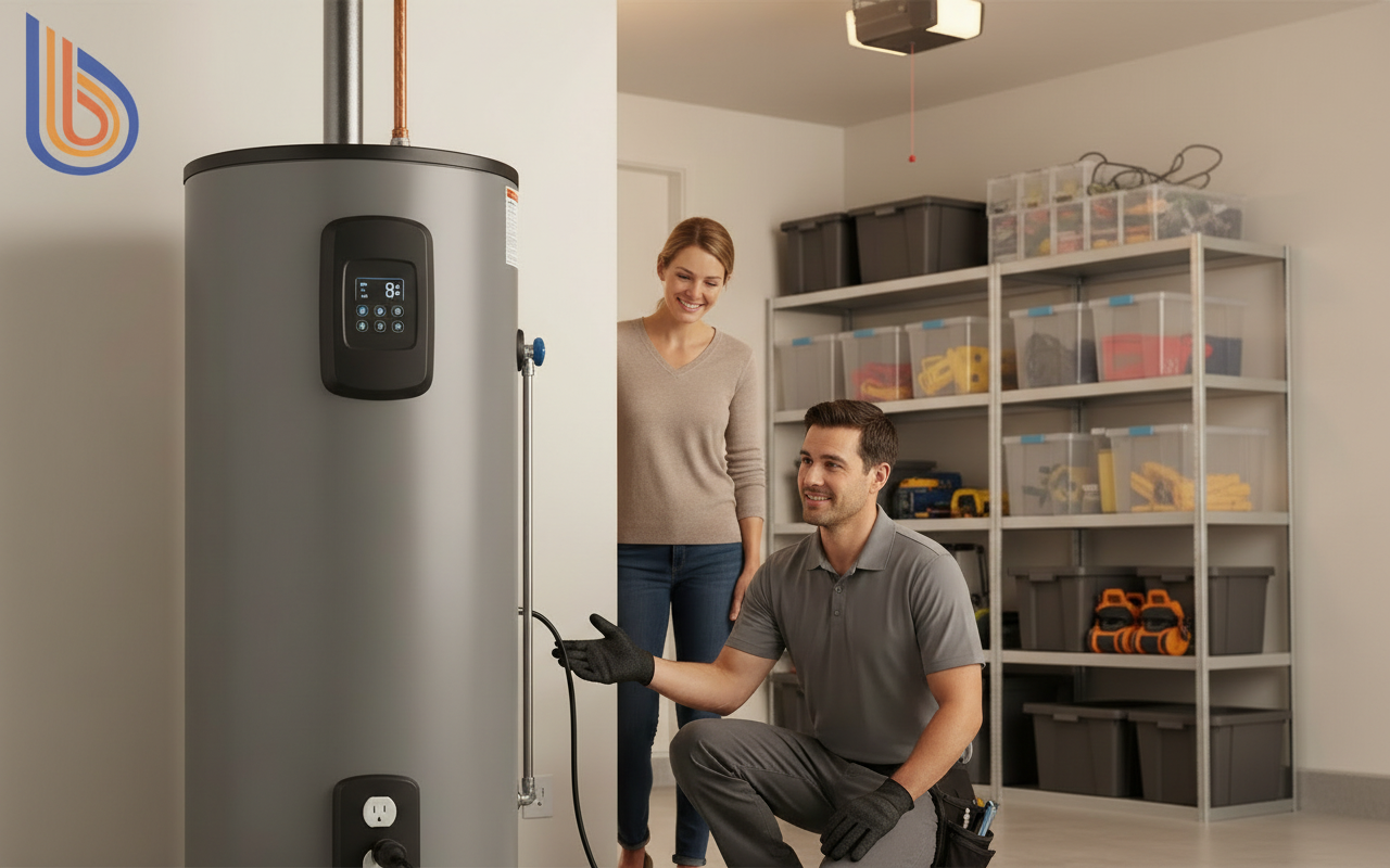 A modern 120V heat pump water heater installed in a home where the electric panel maxed out.