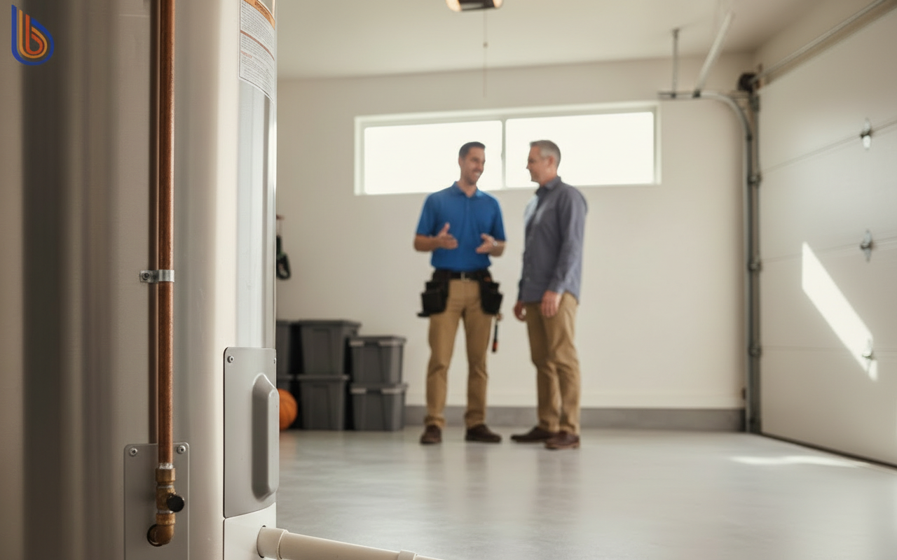 Modern heat pump water heater showing proper gas-to-electric conversion drainage setup