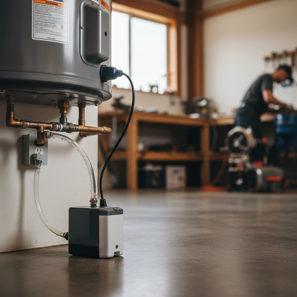 Close-up of a condensate pump installation for a hybrid water heater