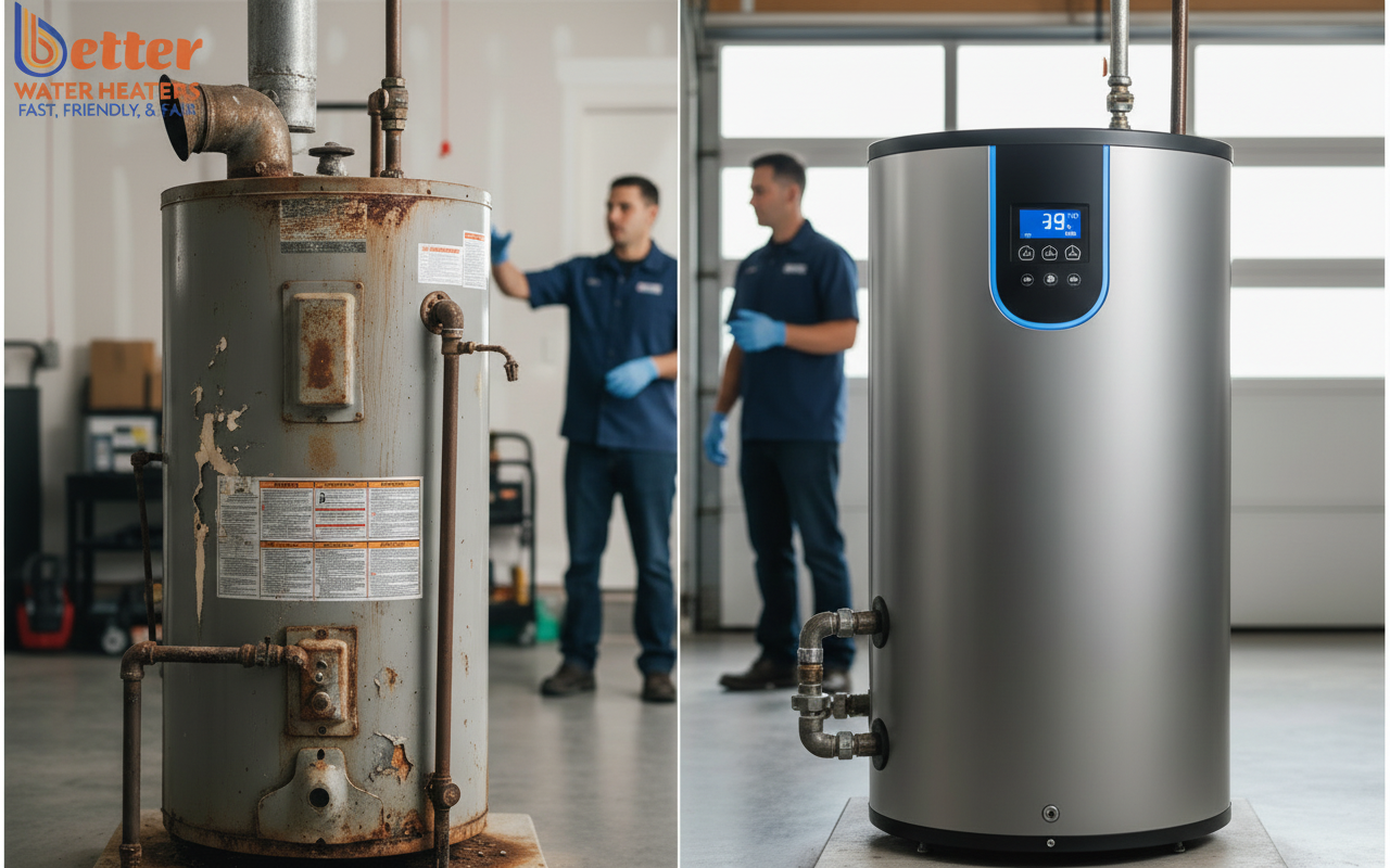 Comparison of old gas unit and new heat pump illustrating the gas water heater phase out