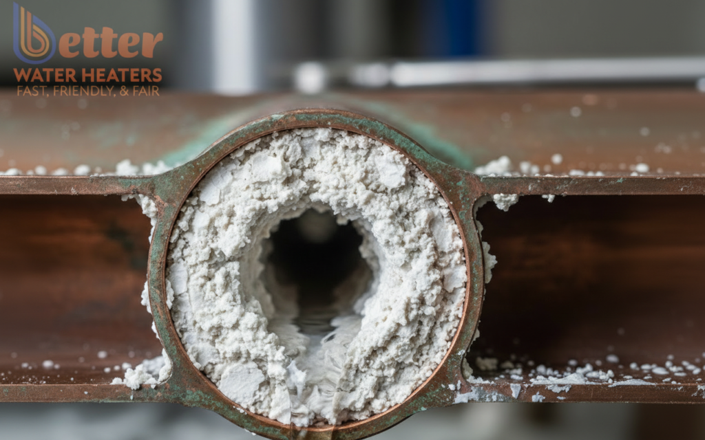 Close-up of mineral buildup showing Hard Water vs. Bay Area Infrastructure impacts on a heat exchanger