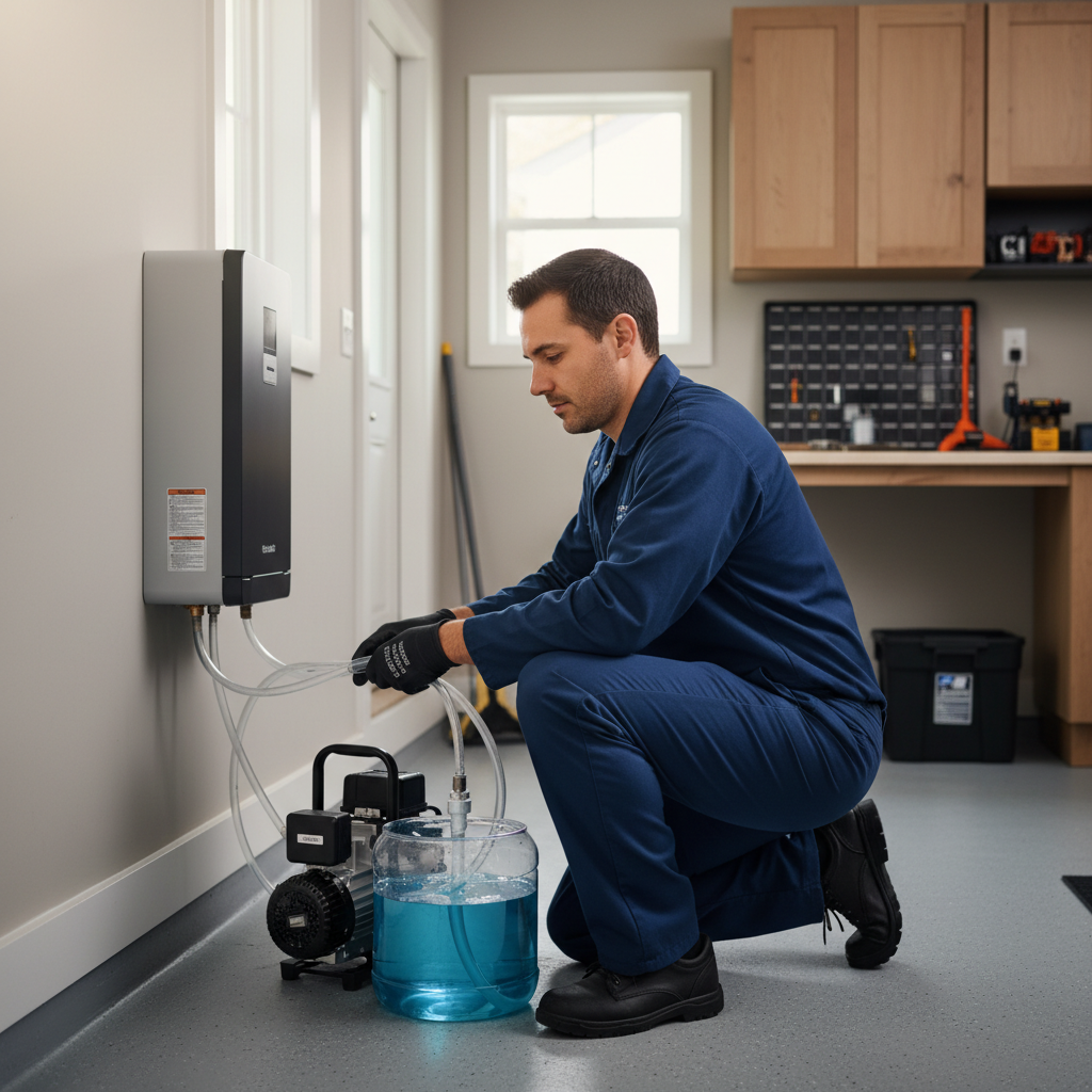 Professional technician performing tankless water heater descaling in a Bay Area home