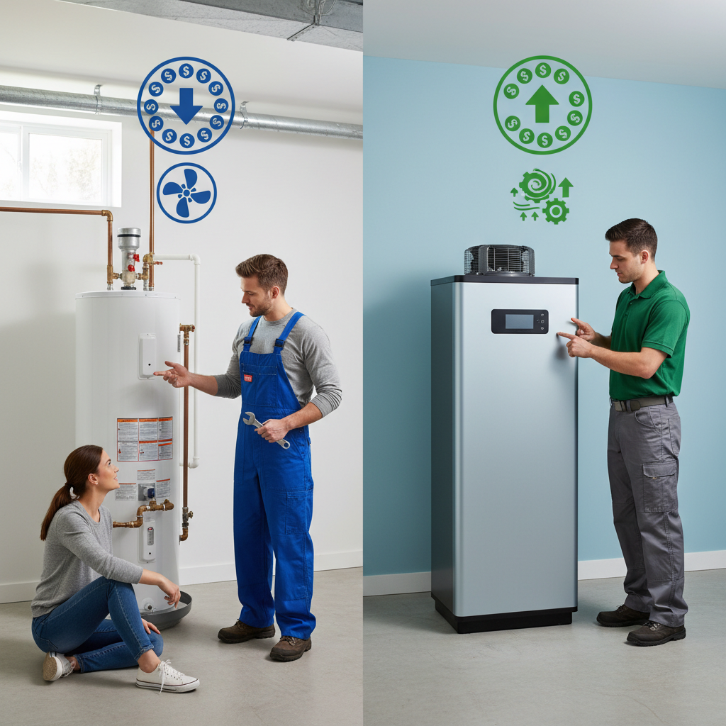 Hybrid vs Standard Performance Infographic comparing standard tanks vs hybrid heat pump efficiency