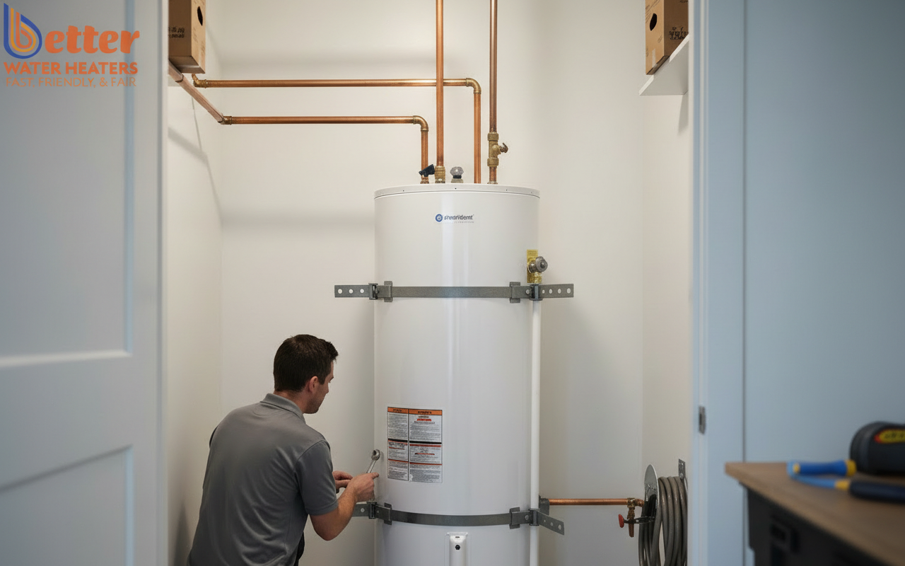 Proper heat pump water heater clearance in a small San Francisco utility closet with seismic strapping