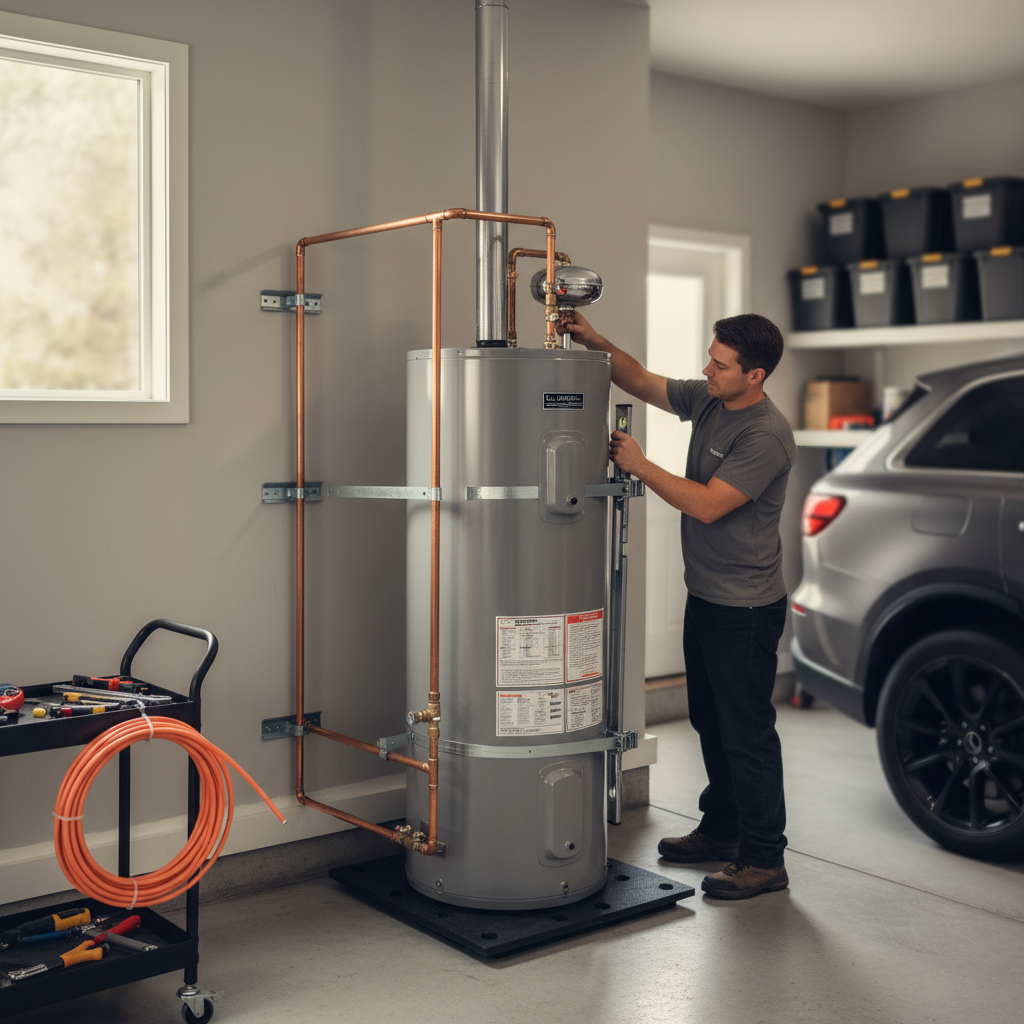 Professional heat pump water heater placement in a San Jose garage featuring vibration isolation