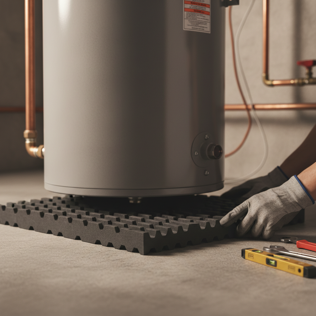 Acoustic vibration isolation pad being installed under a water heater for noise reduction