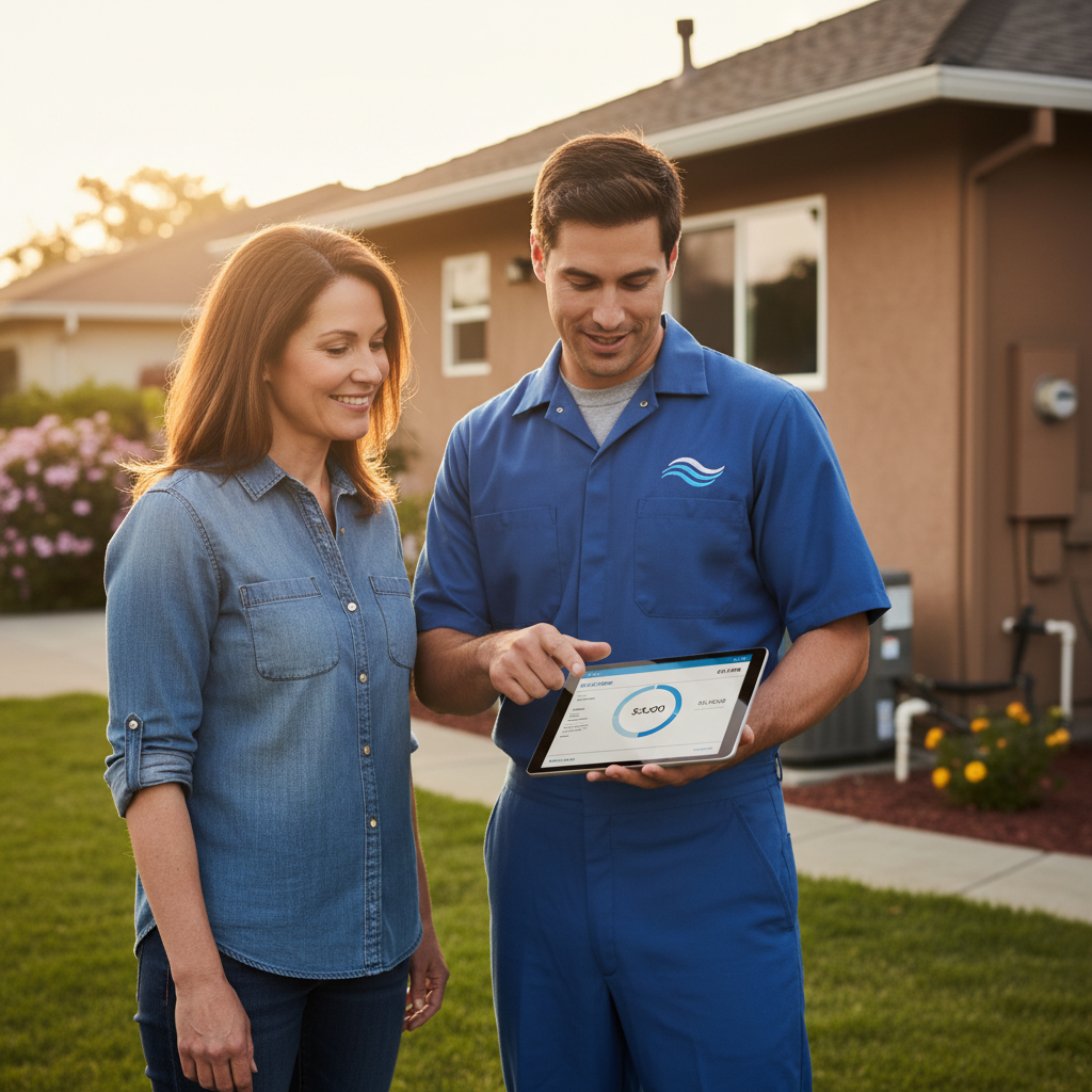 Contractor explaining point-of-sale water heater discounts to a homeowner