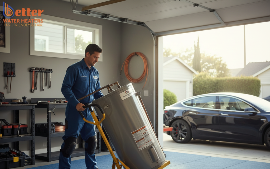 Professional water heater haul-away service in a Bay Area home