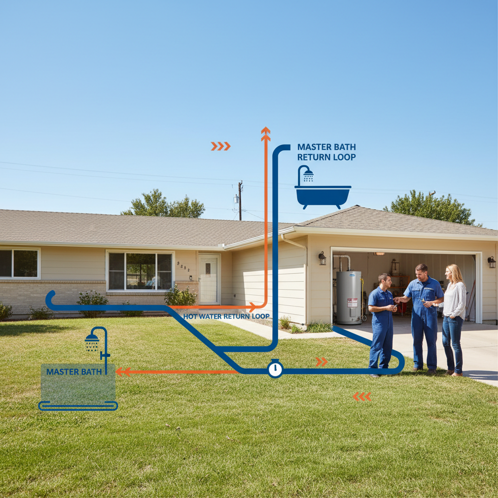 Diagram of a hot water recirculation system loop in a sprawling home