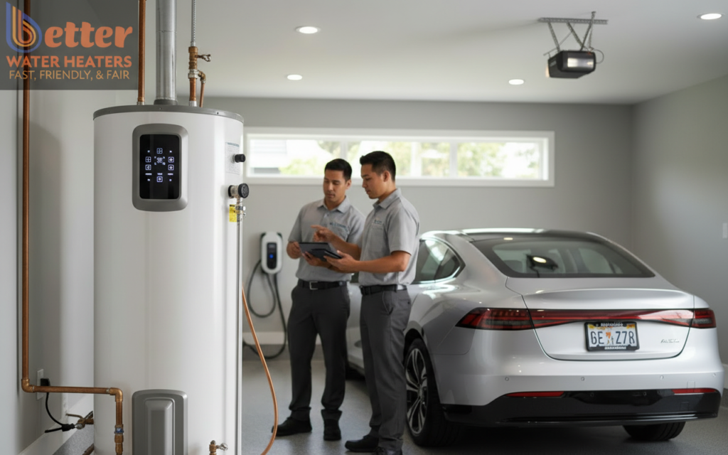 Modern hybrid water heater ROI demonstration in a San Jose garage installation