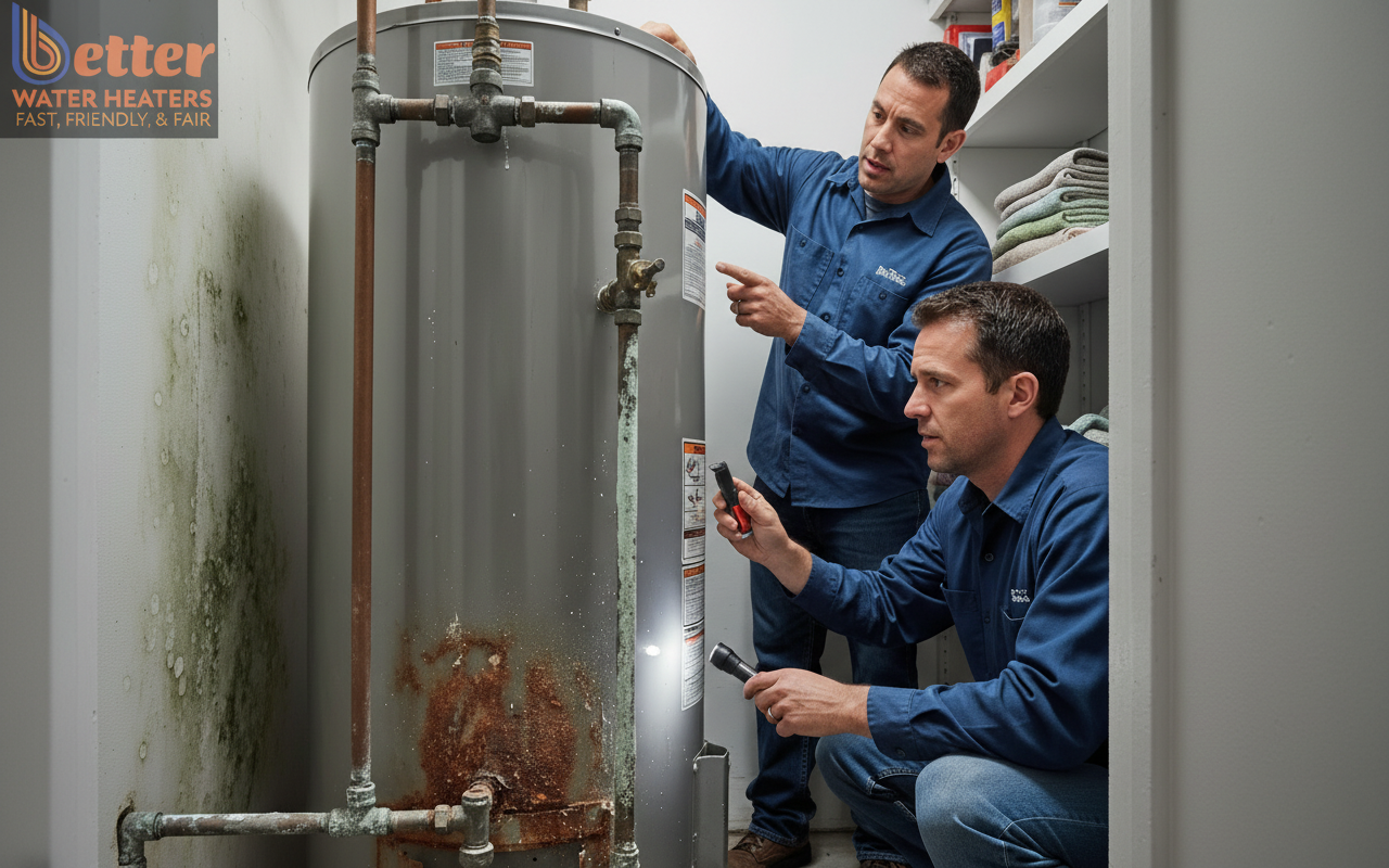 Close-up of water heater corrosion and micro-leaks and mold growth in a coastal home