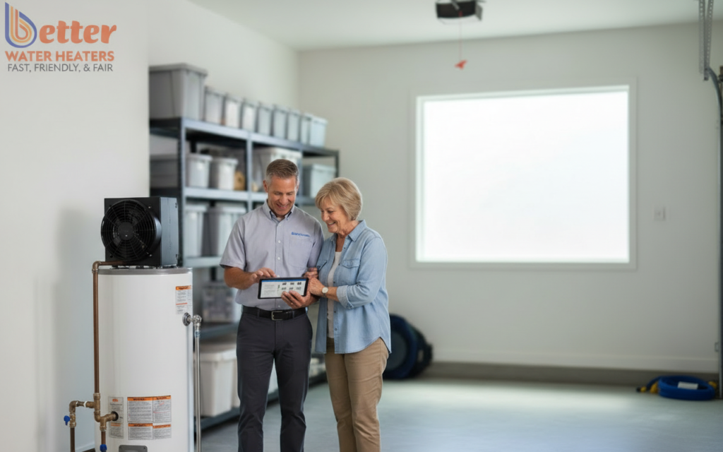 Technician explaining water heater incentives to Bay Area senior homeowners