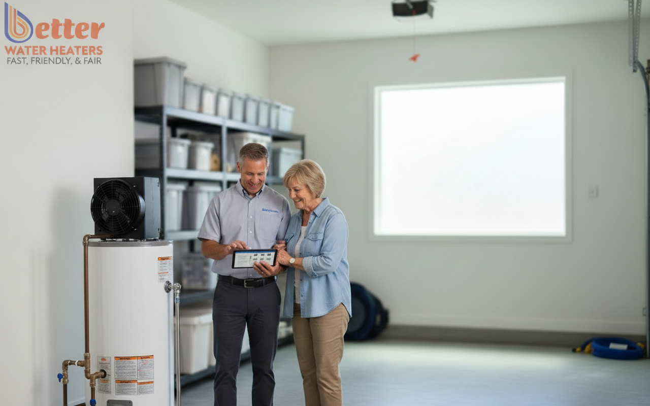 Technician explaining water heater incentives to Bay Area senior homeowners