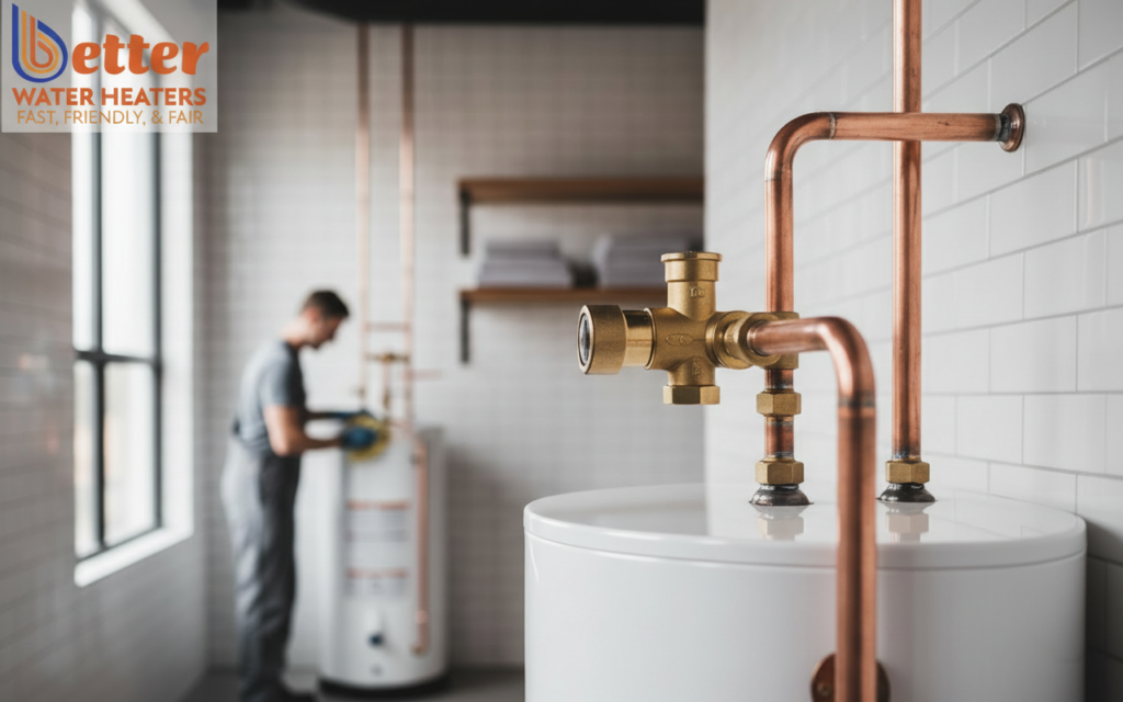 Professional water heater mixing valve installation showing brass thermostatic valve and copper pipes