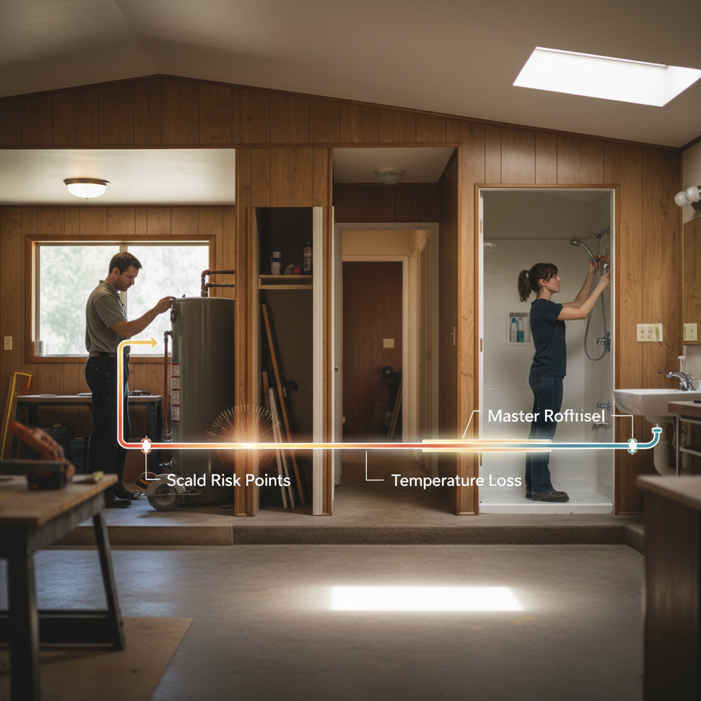 Infographic of a 1970s ranch home showing the importance of mixing valves & scald prevention