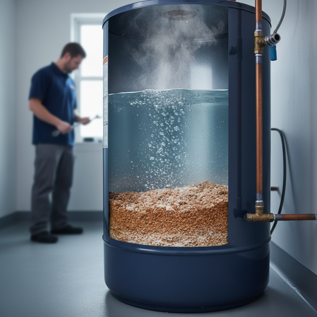 Cross-section diagram of water heater sediment causing popping noises