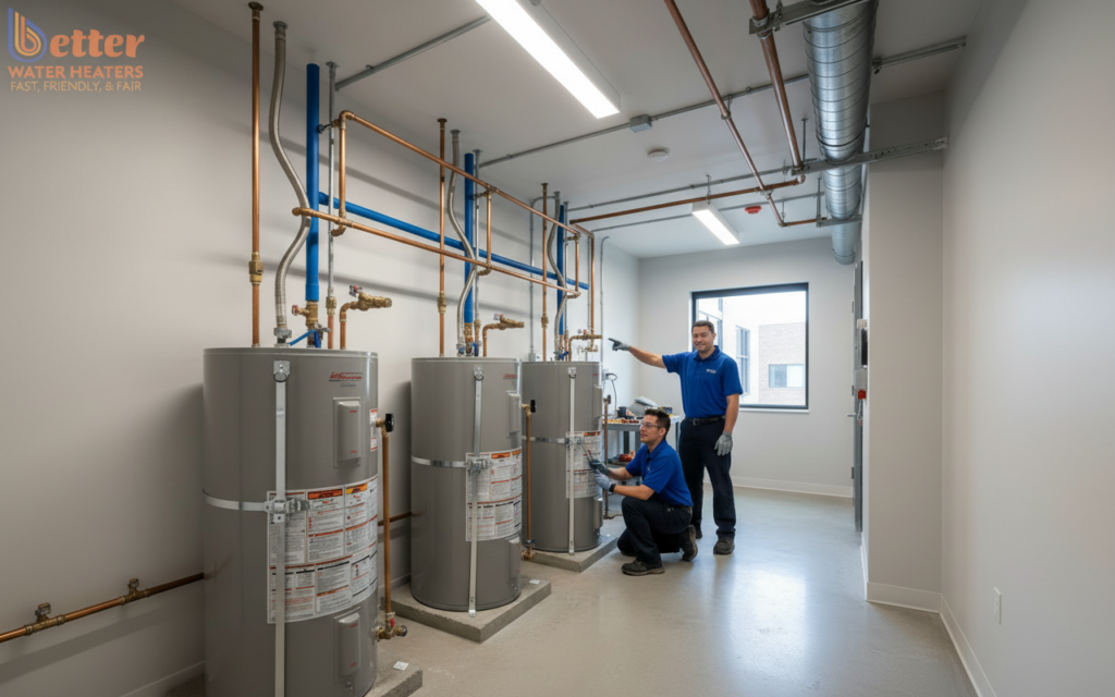 Compliant soft story retrofit water heater installation with seismic strapping in an Oakland apartment building