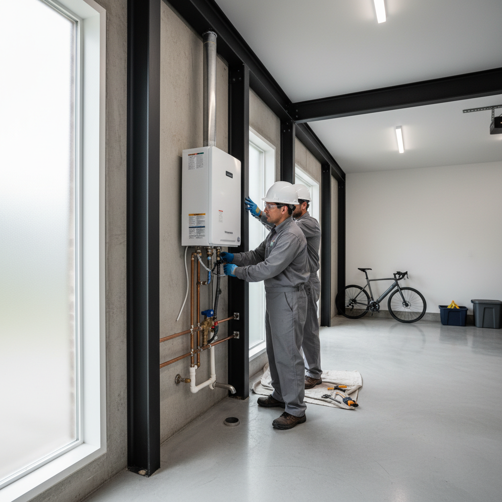 Diagram showing space-saving multi-unit water heater replacement during a soft story retrofit