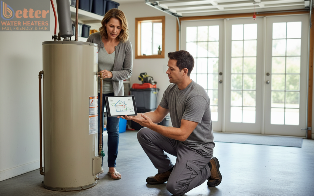 A professional performing a proactive water heater replacement assessment in a Bay Area home