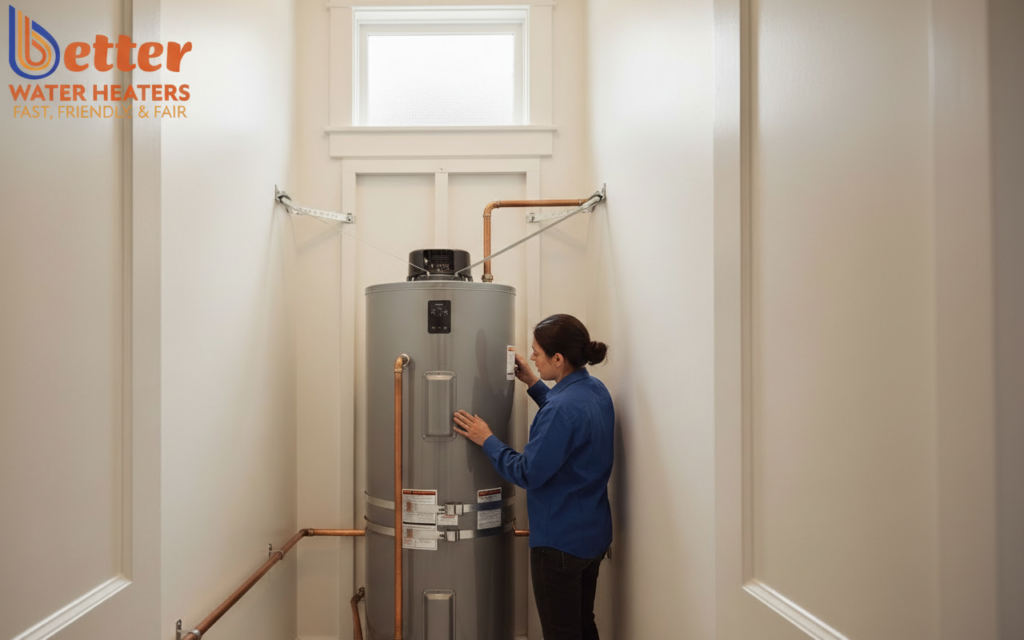 Modern water heater installation showing retrofitting historic Bay Area homes in a tight closet