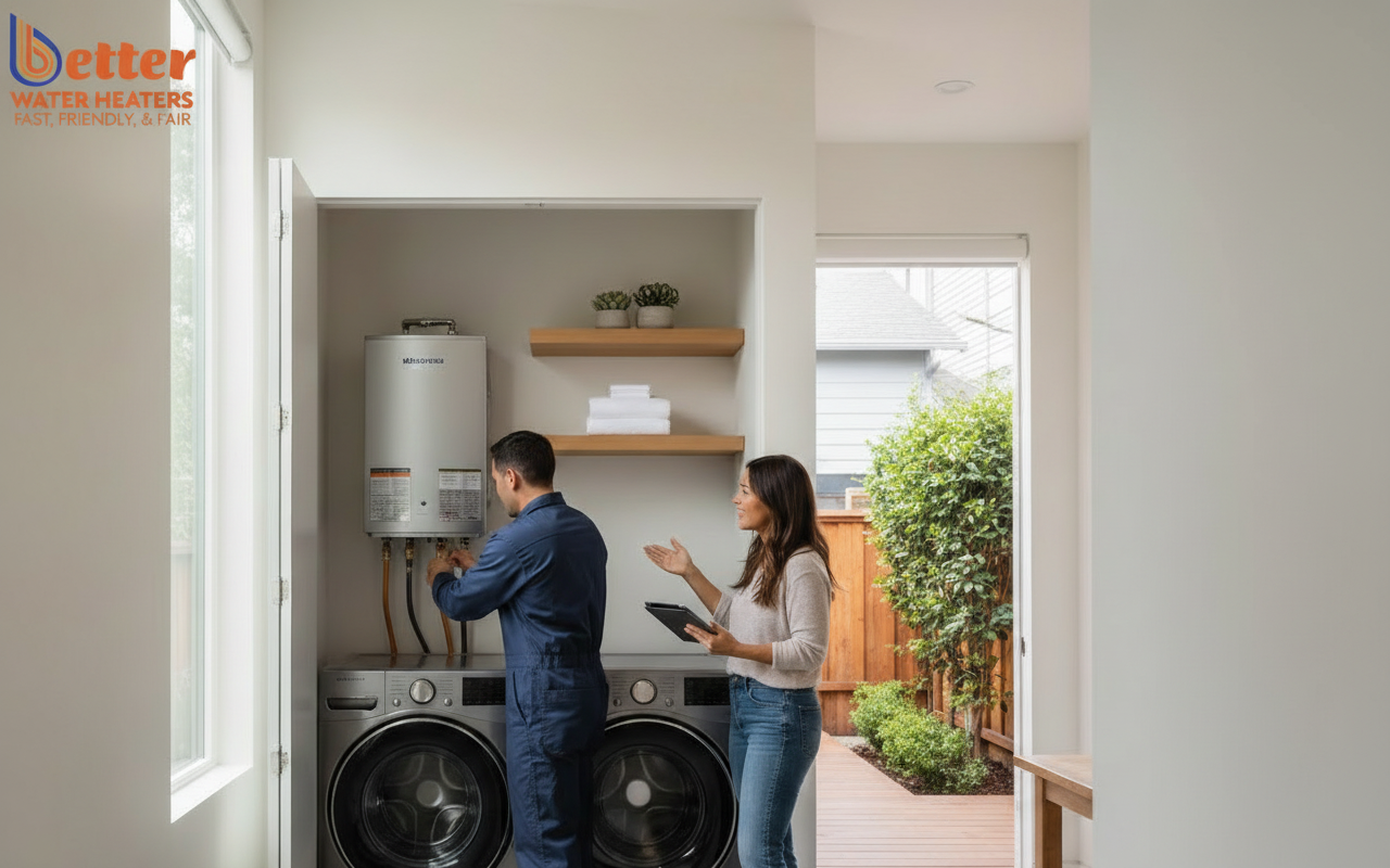 A space-saving Bay Area ADU water heater installed in a modern detached garage conversion.