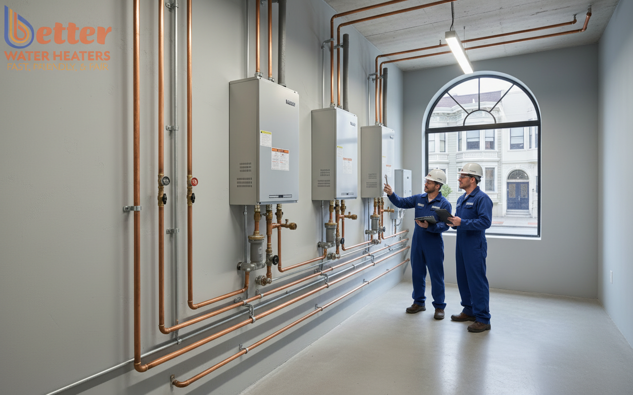 San Francisco multi-unit hot water system featuring a professional tankless retrofit in a multi-family building