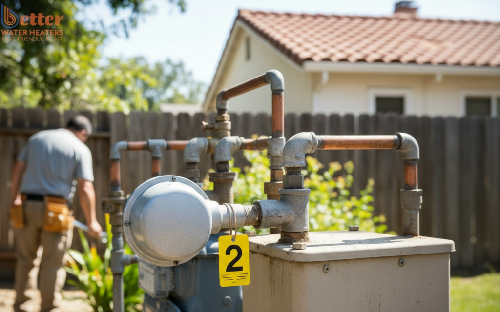 Close up of a San Jose gas meter showing a 2-psi regulator to avoid water heater installation scams